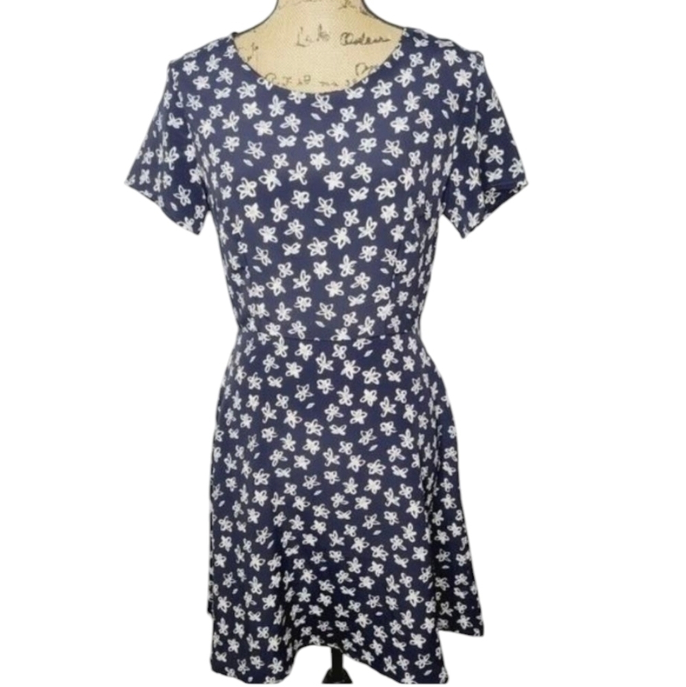 Y2K Navy Blue White Doodle Flower Babydoll Dress